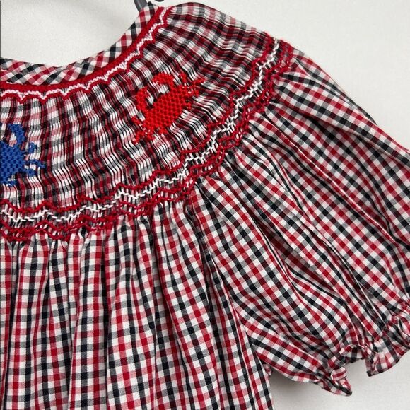 Rosalina Collections Red and blue smocked crab embroidered bishop dress size 3T - Picture 7 of 13